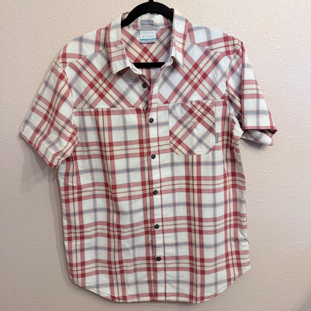 Columbia Mens Red Plaid Short Sleeve Button Up Shirt Regular Fit Cotton Medium